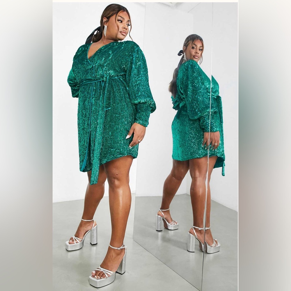 ASOS EDITION Curve sequin wrap mini dress in teal green